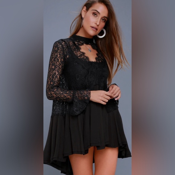 Gently worn Black Tell Tale Lace Long Sleeve Tunic by Free People sz Small - Picture 2 of 7